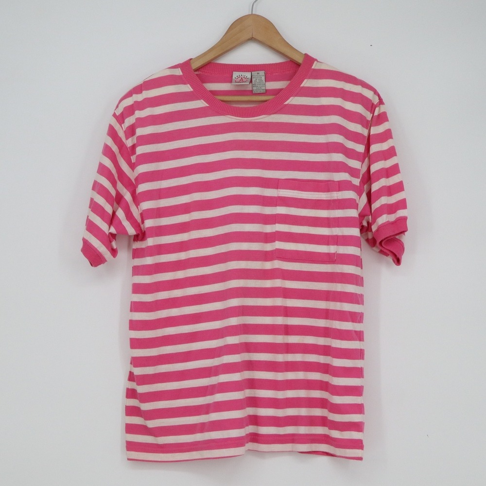American Weekend Vintage Striped Pocket T-Shirt Pink White Mens Medium